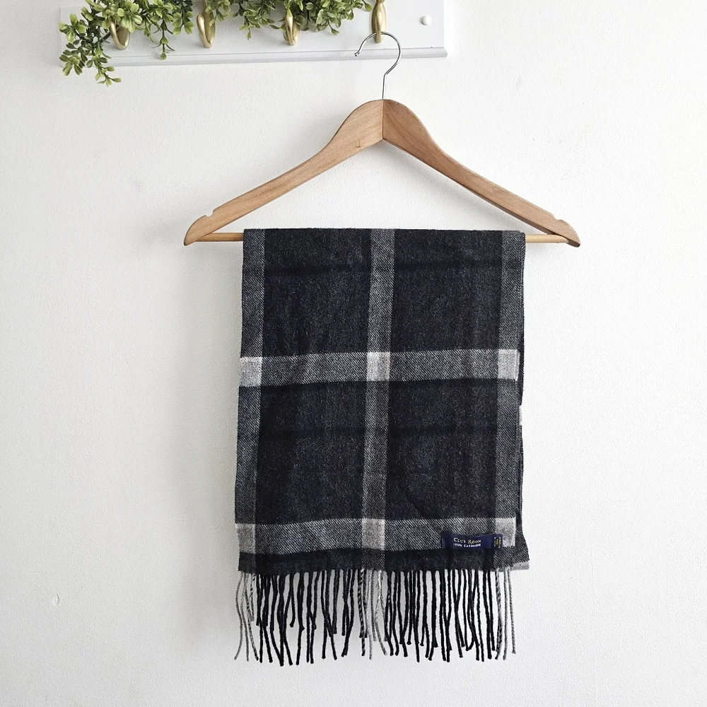 Club Room Men's Plaid Fringe Scarf in Charcoal and Light Gray